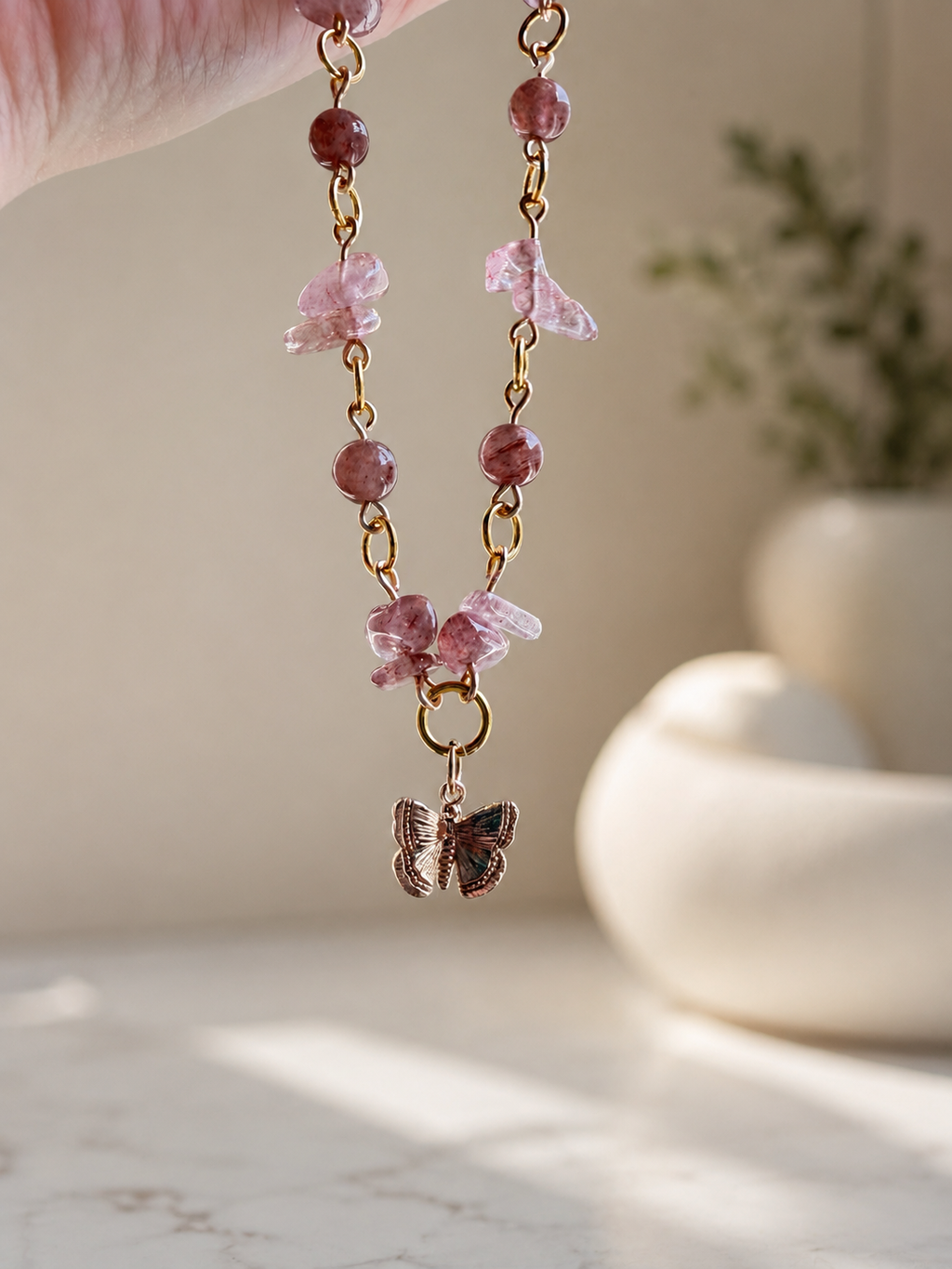 Strawberry Quartz Butterfly Necklace