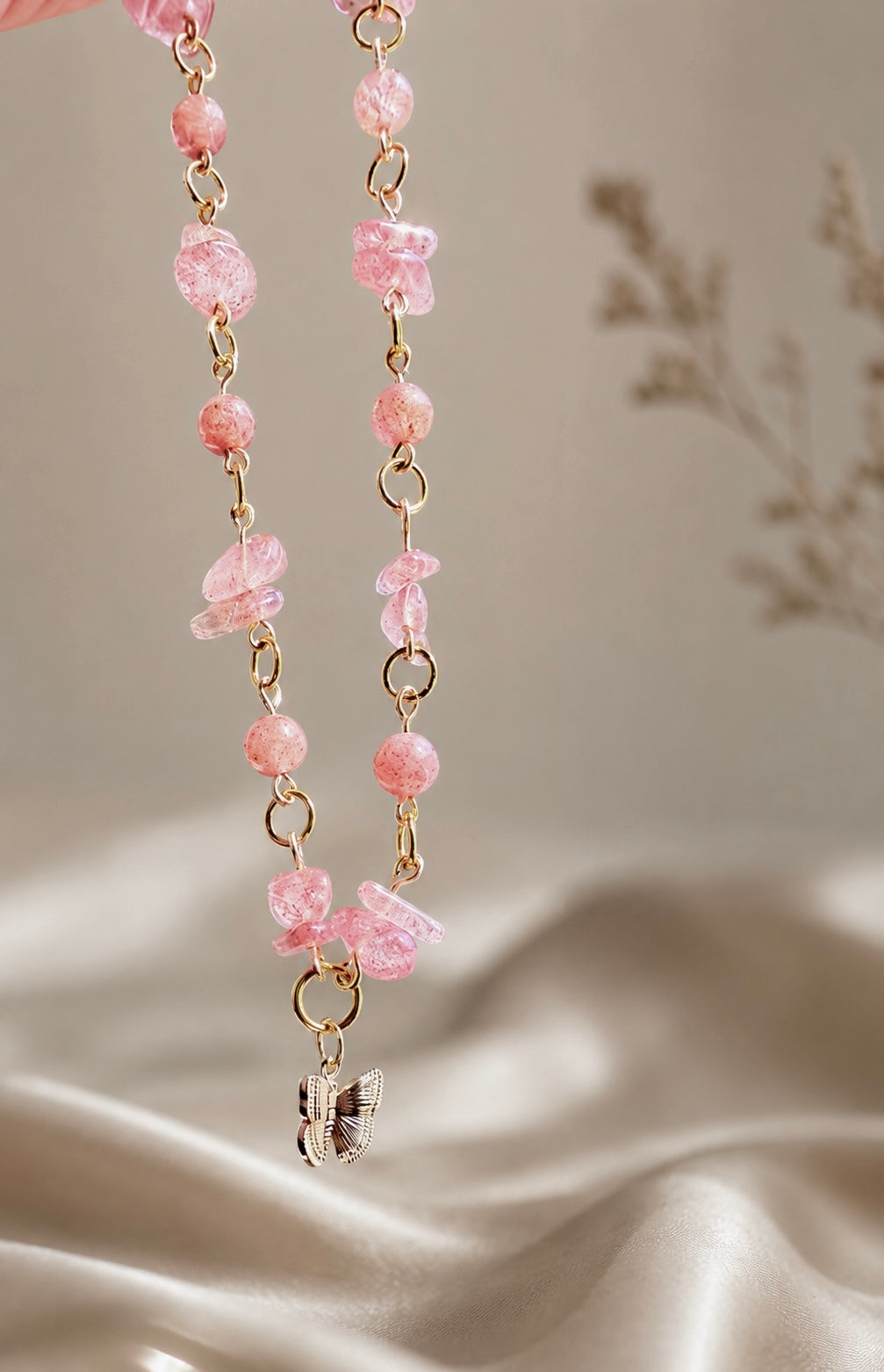 Strawberry Quartz Butterfly Necklace